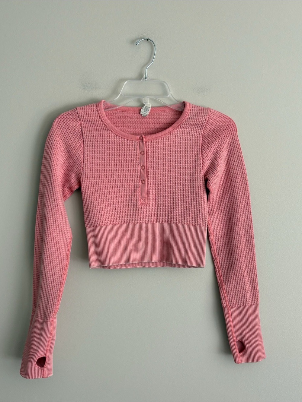 Aerie Offline Pink Waffle Knit Henley Crop Top Long Sleeve Thumb Hole XS